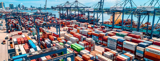 Shipping port with containers and cranes